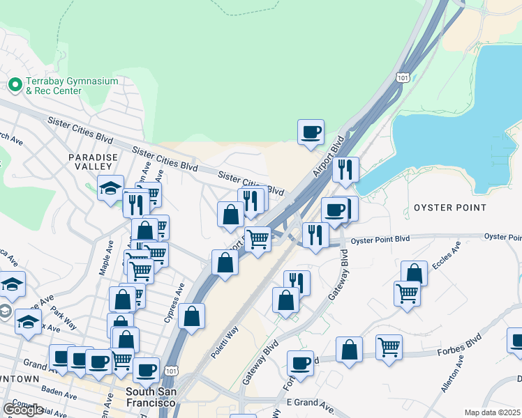map of restaurants, bars, coffee shops, grocery stores, and more near 7 Butler Avenue in South San Francisco