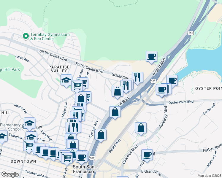 map of restaurants, bars, coffee shops, grocery stores, and more near 136 Pecks Lane in South San Francisco
