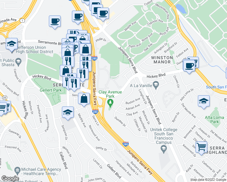 map of restaurants, bars, coffee shops, grocery stores, and more near 395 Imperial Way in Daly City