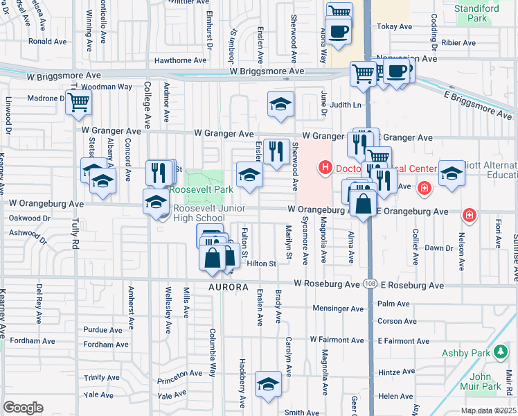 map of restaurants, bars, coffee shops, grocery stores, and more near W Orangeburg Ave & Enslen Ave in Modesto