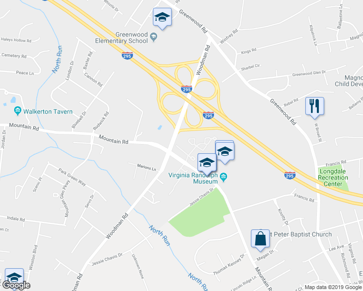 map of restaurants, bars, coffee shops, grocery stores, and more near 2272 High Bush Circle in Glen Allen