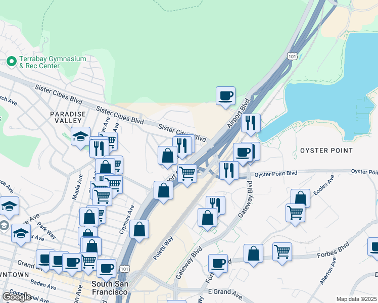 map of restaurants, bars, coffee shops, grocery stores, and more near 7 Butler Avenue in South San Francisco