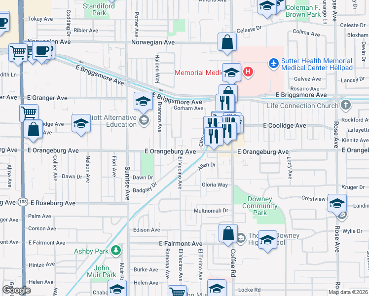 map of restaurants, bars, coffee shops, grocery stores, and more near 1109 East Orangeburg Avenue in Modesto