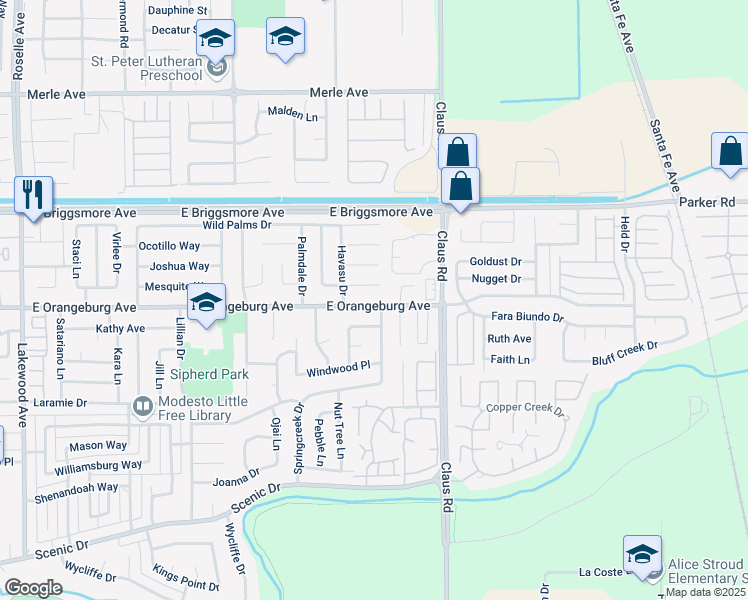 map of restaurants, bars, coffee shops, grocery stores, and more near 1333 Glenbrook Way in Modesto