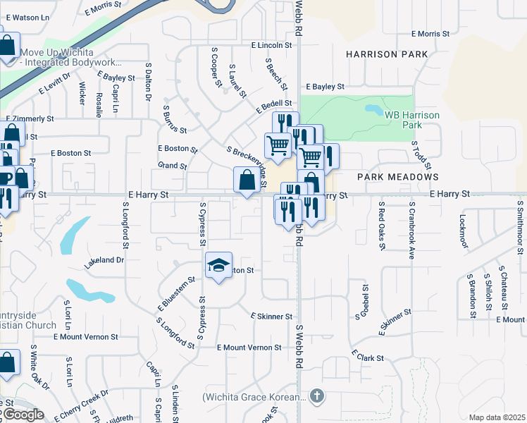 map of restaurants, bars, coffee shops, grocery stores, and more near 1652 South Beech in Wichita