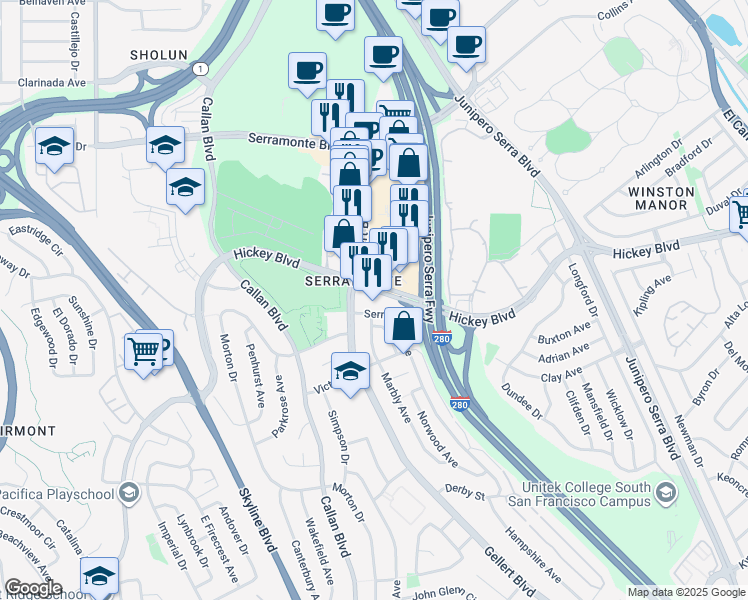 map of restaurants, bars, coffee shops, grocery stores, and more near 455 Hickey Boulevard in Daly City