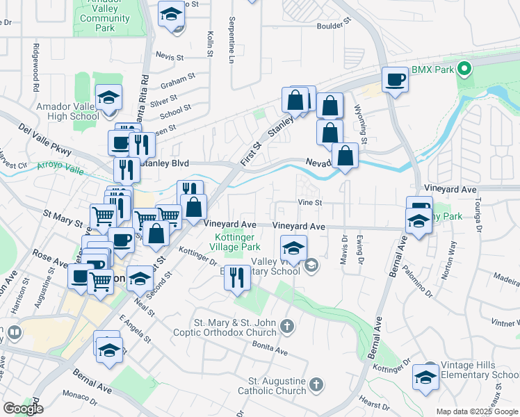 map of restaurants, bars, coffee shops, grocery stores, and more near 3955 Vineyard Avenue in Pleasanton
