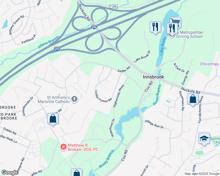 map of restaurants, bars, coffee shops, grocery stores, and more near 4701 Cedar Branch Court in Glen Allen