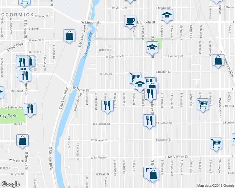 map of restaurants, bars, coffee shops, grocery stores, and more near 1612 South Wichita Street in Wichita