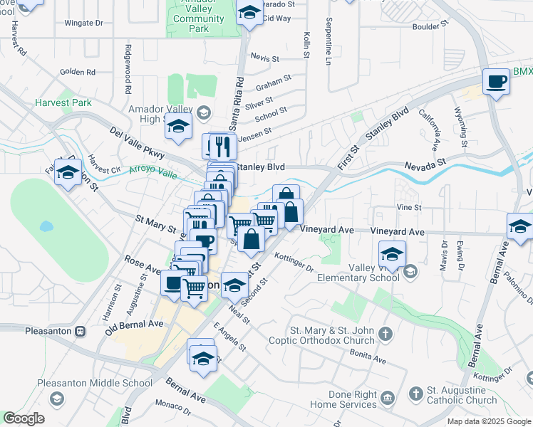 map of restaurants, bars, coffee shops, grocery stores, and more near 129 Ray Street in Pleasanton