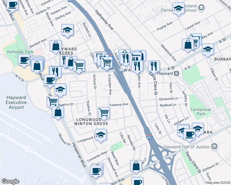 map of restaurants, bars, coffee shops, grocery stores, and more near 22328 South Garden Avenue in Hayward