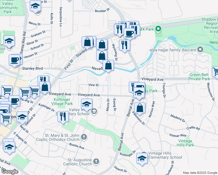 map of restaurants, bars, coffee shops, grocery stores, and more near 3680 Vine Street in Pleasanton