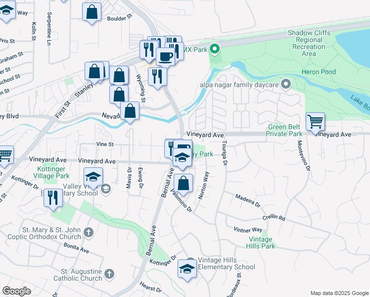 map of restaurants, bars, coffee shops, grocery stores, and more near 3428 Smoketree Commons Drive in Pleasanton