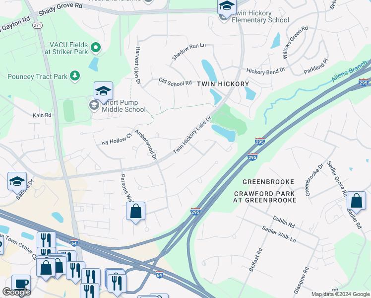 map of restaurants, bars, coffee shops, grocery stores, and more near 4508 Country Lake Place in Glen Allen