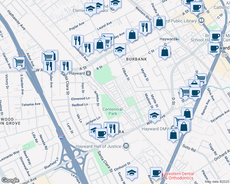 map of restaurants, bars, coffee shops, grocery stores, and more near 273 Sullivan Way in Hayward