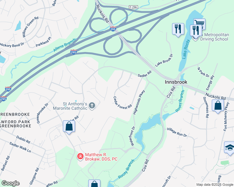 map of restaurants, bars, coffee shops, grocery stores, and more near 4617 Cedar Forest Road in Glen Allen