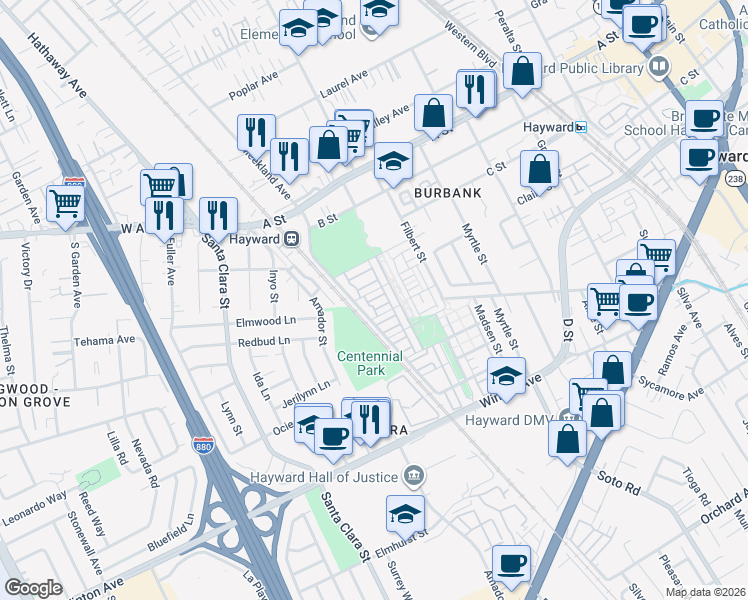 map of restaurants, bars, coffee shops, grocery stores, and more near 273 Sullivan Way in Hayward