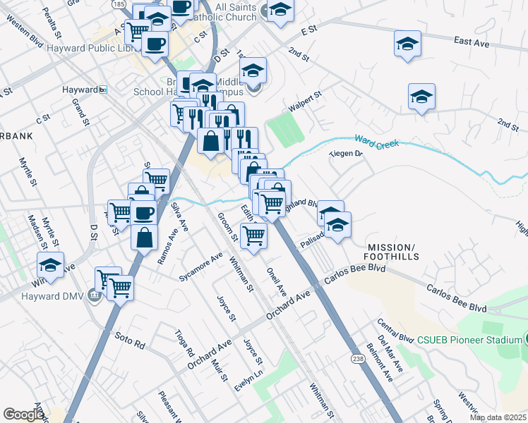 map of restaurants, bars, coffee shops, grocery stores, and more near 24480 Edith Street in Hayward