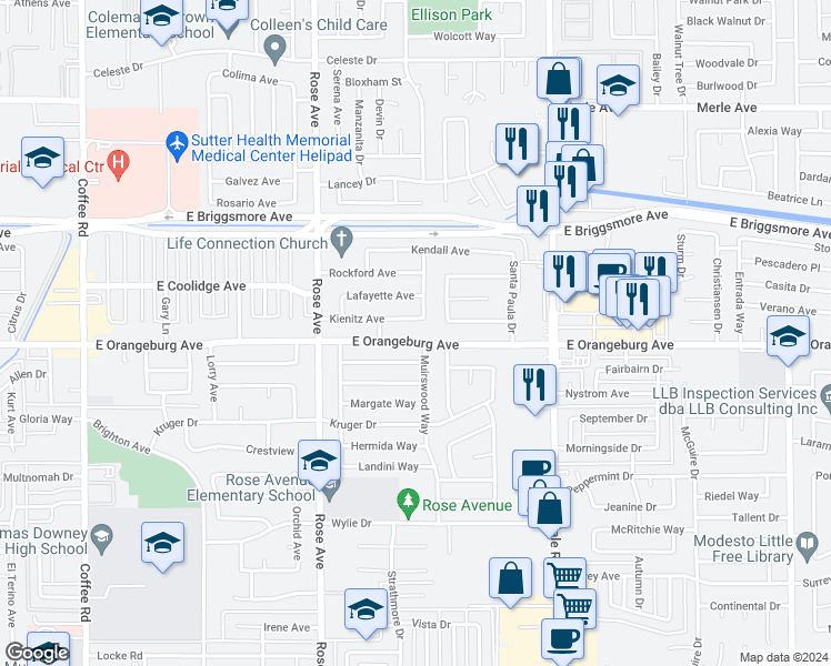 map of restaurants, bars, coffee shops, grocery stores, and more near 1921 East Orangeburg Avenue in Modesto