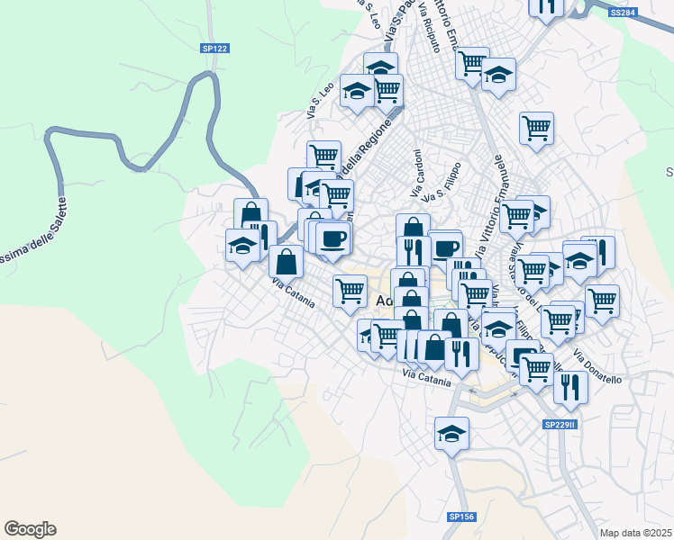 map of restaurants, bars, coffee shops, grocery stores, and more near 32 Piazza Genova in Adrano
