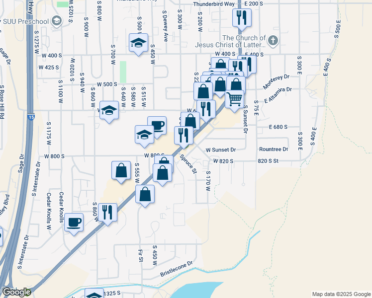 map of restaurants, bars, coffee shops, grocery stores, and more near 797 South Main Street in Cedar City