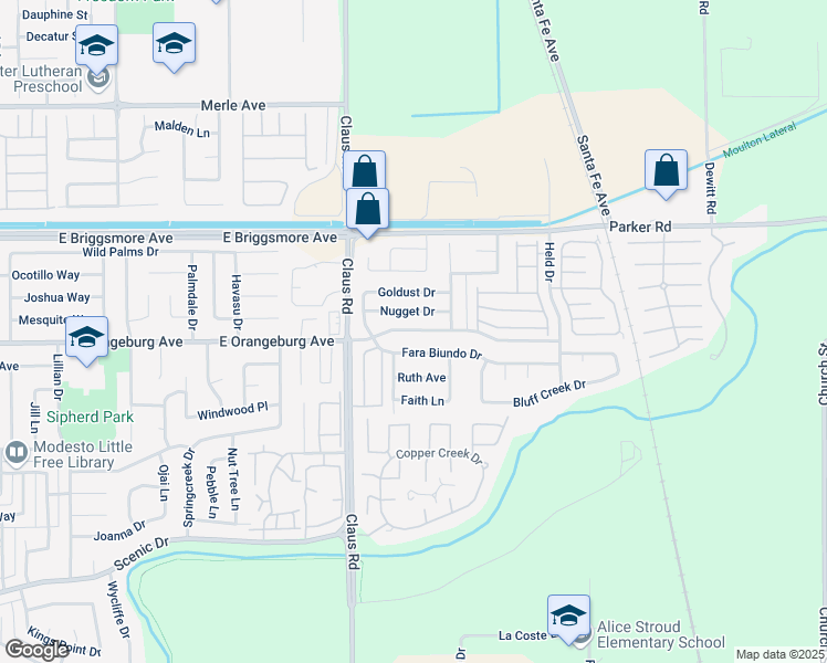 map of restaurants, bars, coffee shops, grocery stores, and more near 4029 Fara Biundo Drive in Modesto