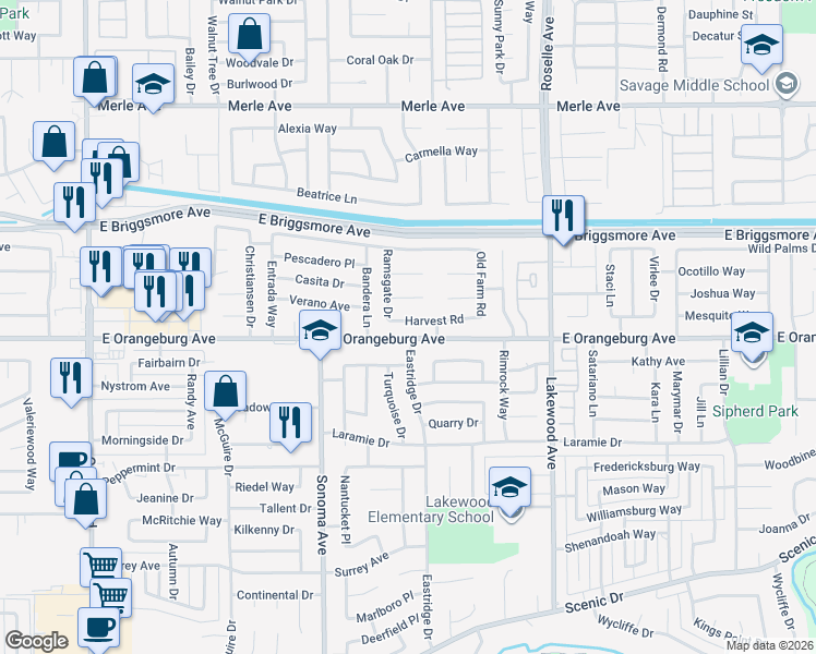 map of restaurants, bars, coffee shops, grocery stores, and more near in Modesto