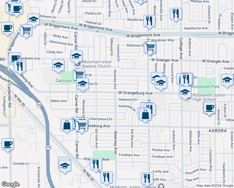 map of restaurants, bars, coffee shops, grocery stores, and more near 1501 Oakwood Drive in Modesto