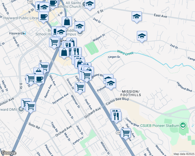 map of restaurants, bars, coffee shops, grocery stores, and more near 24567 Margaret Drive in Hayward