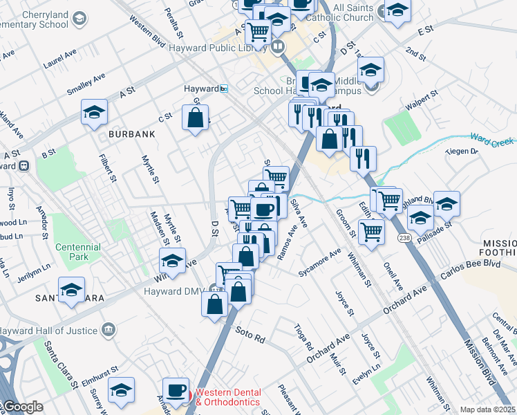 map of restaurants, bars, coffee shops, grocery stores, and more near 24039 Grand Street in Hayward