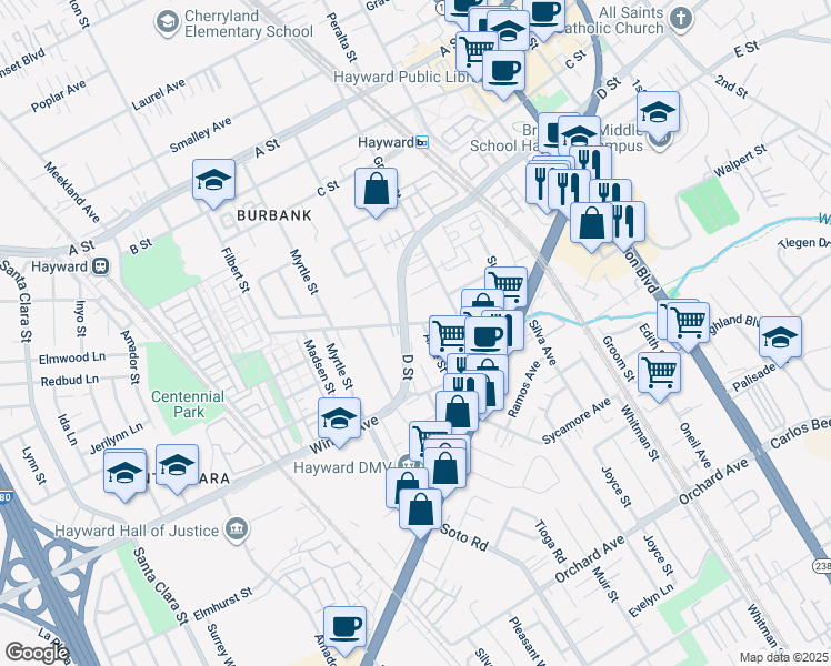 map of restaurants, bars, coffee shops, grocery stores, and more near 24034 Alice Street in Hayward