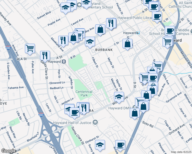 map of restaurants, bars, coffee shops, grocery stores, and more near 2112 Jubilee Drive in Hayward