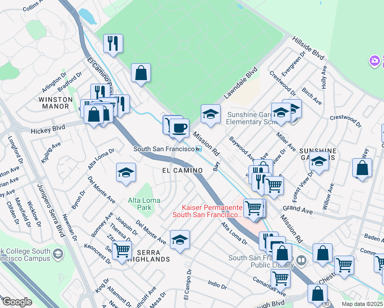 map of restaurants, bars, coffee shops, grocery stores, and more near in South San Francisco