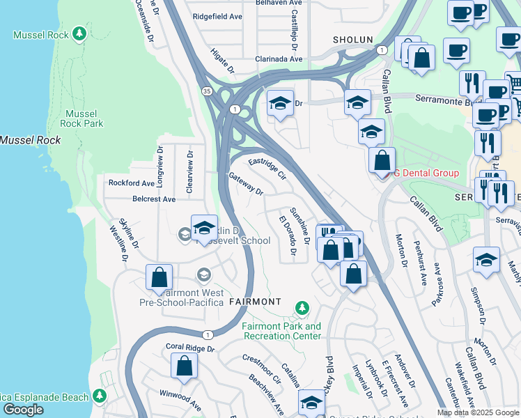 map of restaurants, bars, coffee shops, grocery stores, and more near 205 Edgewood Drive in Pacifica