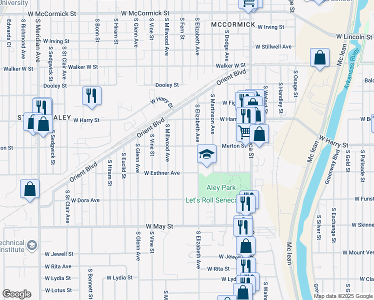 map of restaurants, bars, coffee shops, grocery stores, and more near 1721 South Fern Street in Wichita