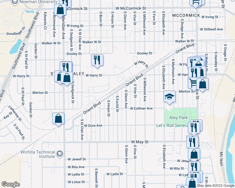 map of restaurants, bars, coffee shops, grocery stores, and more near 1720 South Euclid Street in Wichita