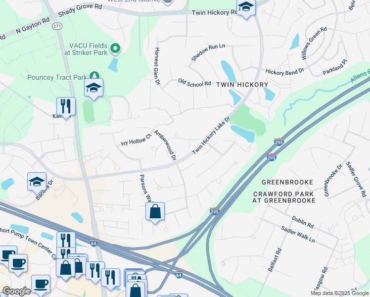 map of restaurants, bars, coffee shops, grocery stores, and more near 4905 Windy Hollow Way in Glen Allen