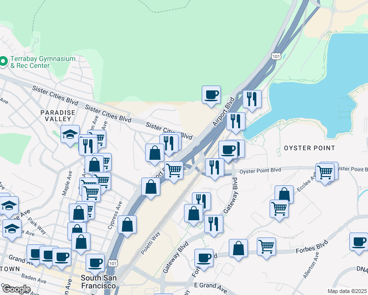 map of restaurants, bars, coffee shops, grocery stores, and more near 1139 Airport Boulevard in South San Francisco