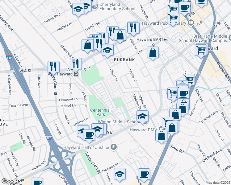 map of restaurants, bars, coffee shops, grocery stores, and more near 3104 Freestone Place in Hayward