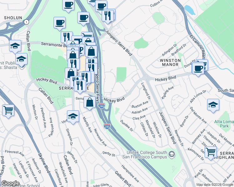 map of restaurants, bars, coffee shops, grocery stores, and more near 395 Imperial Way in Daly City