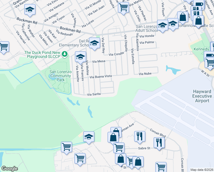 map of restaurants, bars, coffee shops, grocery stores, and more near 1649 Via Tovita in San Lorenzo