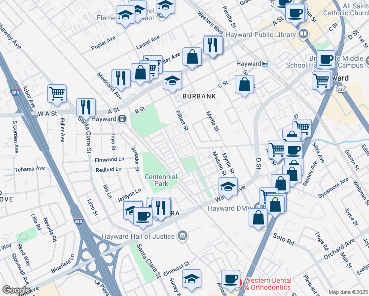 map of restaurants, bars, coffee shops, grocery stores, and more near 3104 Freestone Place in Hayward
