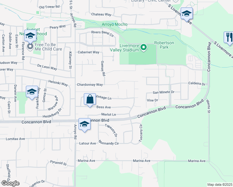 map of restaurants, bars, coffee shops, grocery stores, and more near 2078 Le Blanc Court in Livermore