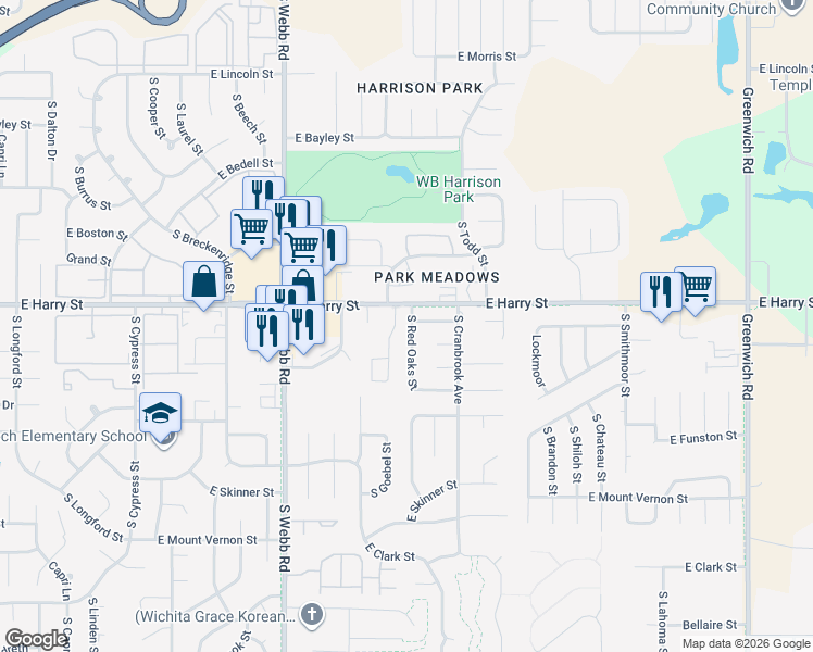 map of restaurants, bars, coffee shops, grocery stores, and more near 1638 South Red Oaks Street in Wichita