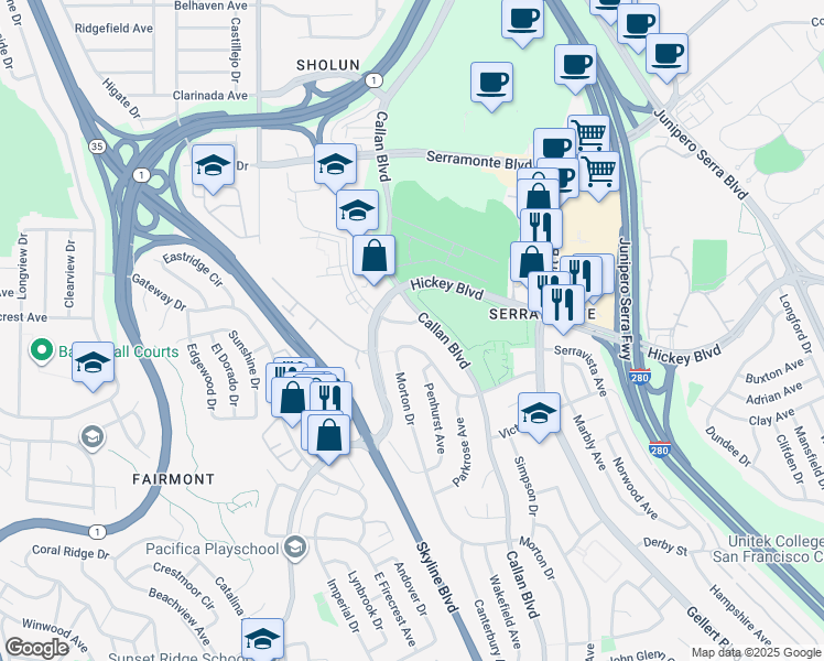 map of restaurants, bars, coffee shops, grocery stores, and more near 5 Bacon Court in Daly City