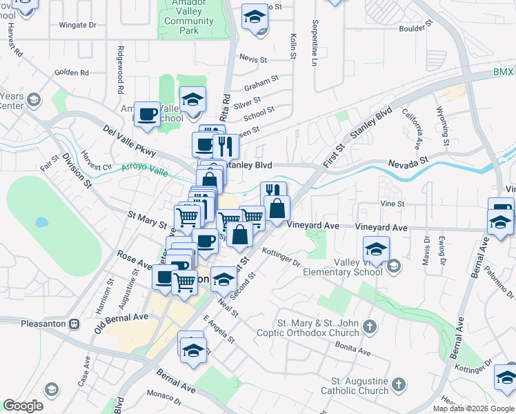 map of restaurants, bars, coffee shops, grocery stores, and more near 129 Ray Street in Pleasanton