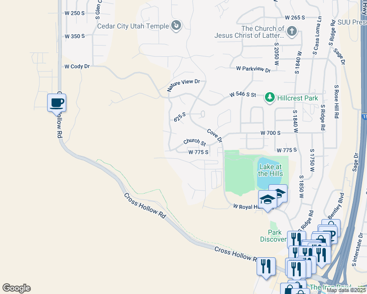 map of restaurants, bars, coffee shops, grocery stores, and more near 2416 West Clubhouse Loop in Cedar City
