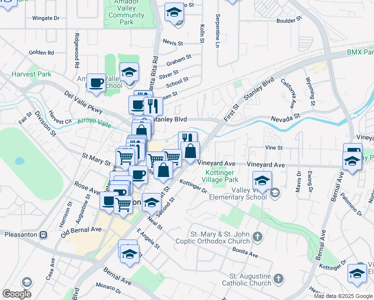 map of restaurants, bars, coffee shops, grocery stores, and more near 16 Benjamin Court in Pleasanton