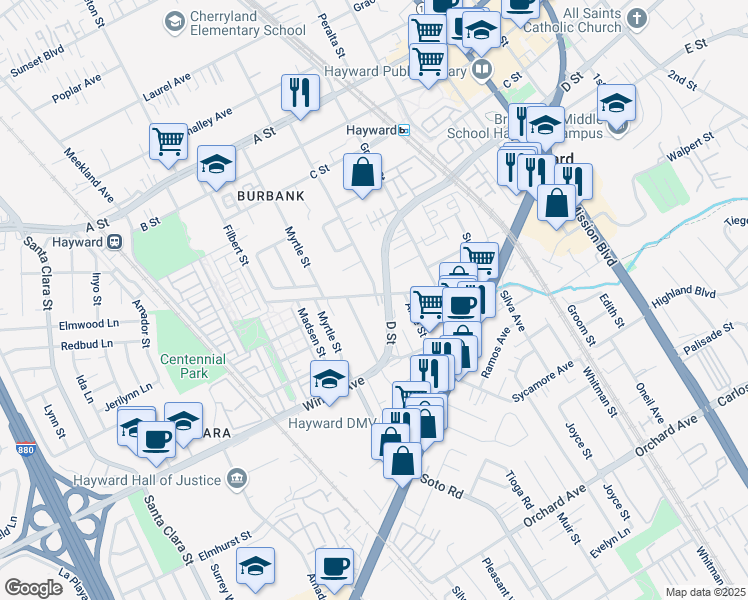 map of restaurants, bars, coffee shops, grocery stores, and more near 489 Meek Avenue in Hayward