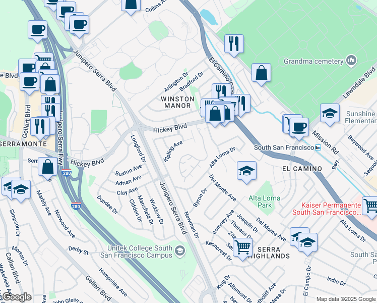 map of restaurants, bars, coffee shops, grocery stores, and more near 251 Crown Circle in South San Francisco
